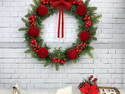 Vòng nguyệt quế Noel Châu nhung nơ đỏ ĐK 50cm VNGQ-X-39